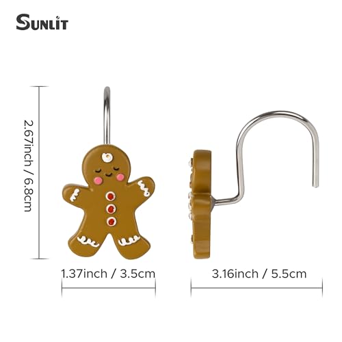 Sunlit Gingerbread Man Christmas Shower Curtain Hooks, Resin 12-Piece Set