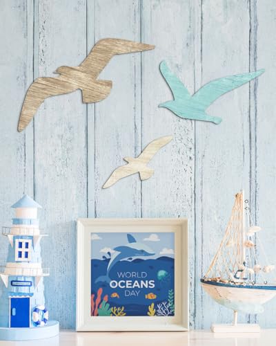 3-Piece Wooden Seagull Wall Decor Set - Rustic Coastal Beach Wall Art