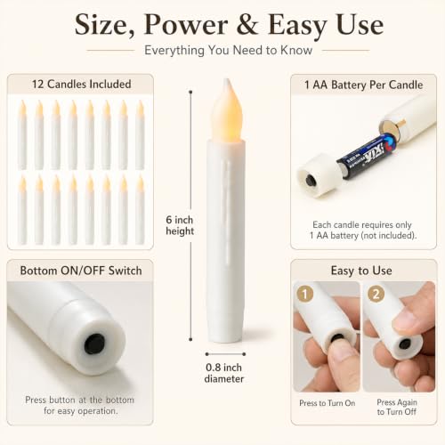 White Touch 12 Pack Flameless Taper Candles Battery Operated Flickering LED for Halloween Christmas Weddings