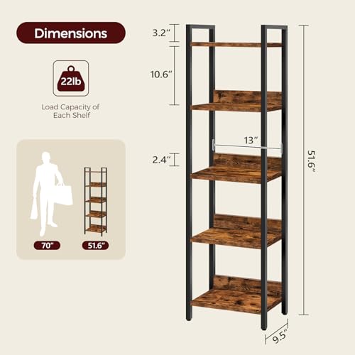 5-Tier Standing Bookshelf, Rustic Industrial Storage Organizer