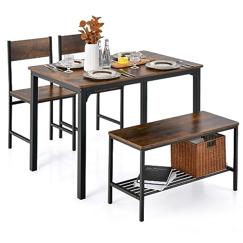 4-Piece Industrial Dining Table Set with Bench and Chairs - Rustic Brown