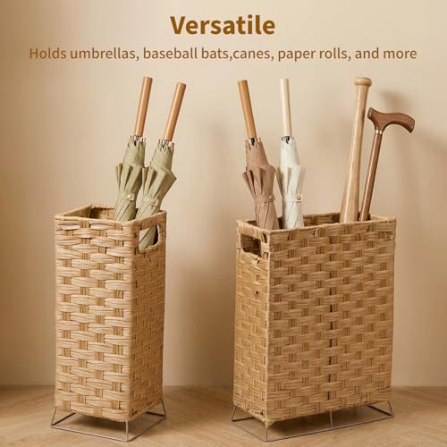 Handwoven Rattan Umbrella Stand with Drip Tray and Hooks