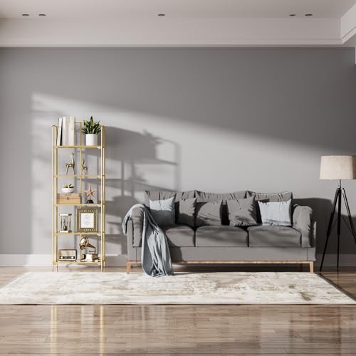 5-Tier Foldable Bookshelf, Gold Metal Frame & Transparent Shelves