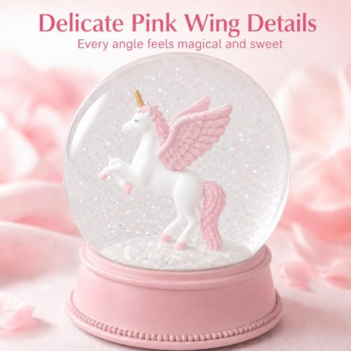 100mm Pink Unicorn Snow Globe with Glitter for Bedroom Shelf Decor