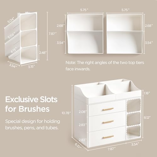 HBlife All White Makeup Organizer with Drawers & Brush Slots – Large Vanity Storage