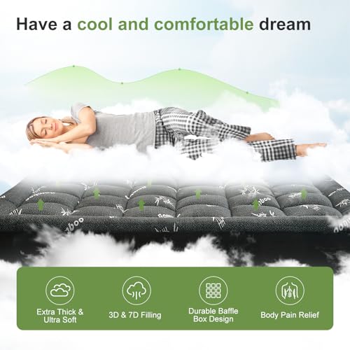 Queen Size Bamboo Mattress Topper - Soft Cooling Pillow Top Pad