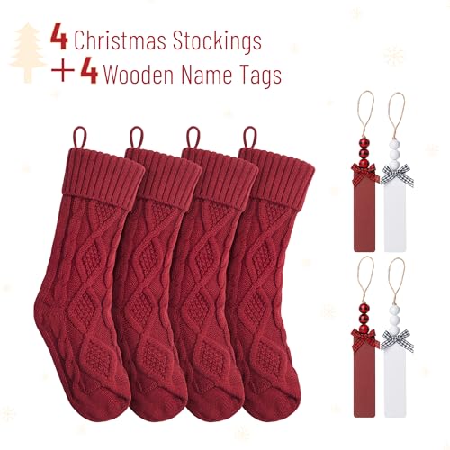 Red 4 Pack Personalized Christmas Stockings with Wooden Name Tags, 18 Inch