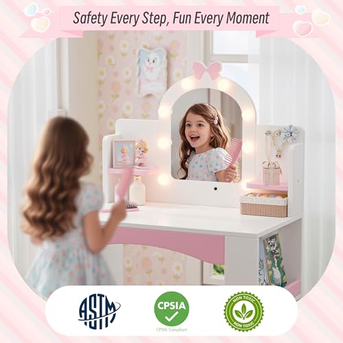 Kids Vanity Table and Chair Set with LED Mirror and Storage, White