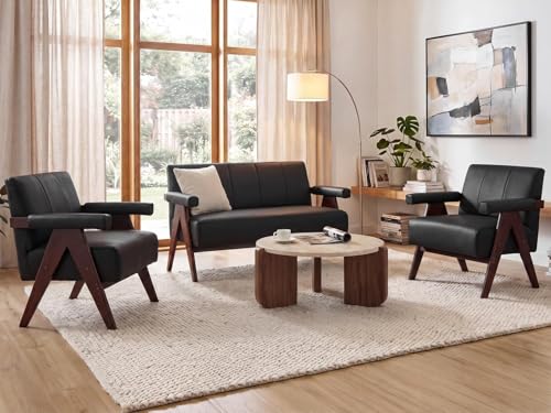 3-Piece Mid-Century Modern Faux Leather Sofa and Accent Chair Set
