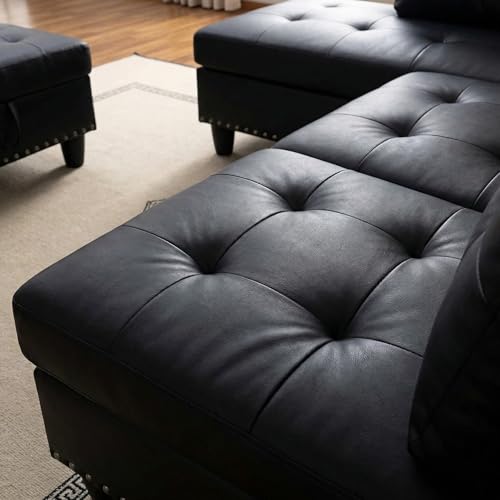 97.5" L-Shaped Modular Sectional Sofa with Storage Ottoman, Black Faux Leather