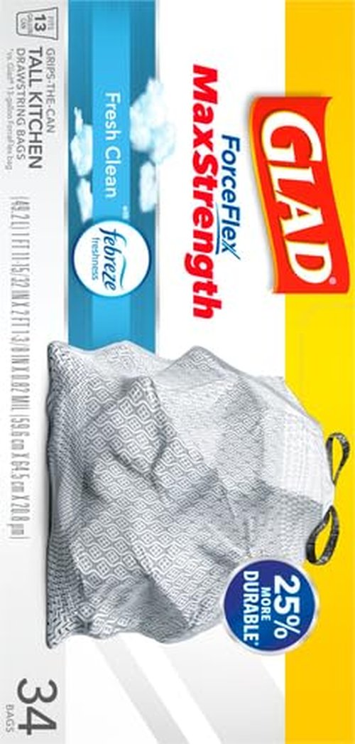 Glad Kitchen Trash Bags, 13 Gallon, Fresh Clean | ForceFlex MaxStrength | Tall Kitchen | 34 Count, Pack of 6