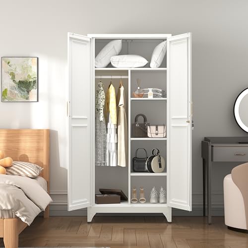 71-Inch Metal Wardrobe Closet with Locking Doors and Adjustable Shelves