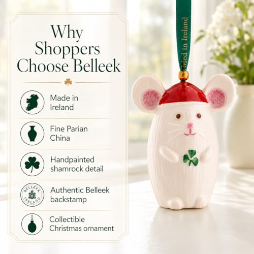 Belleek Not a Creature Stirring Christmas Mouse Ornament, 3.3in China - Whimsical Woodland Series