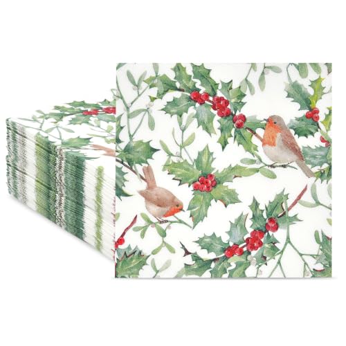 Christmas Bird and Holly Cocktail Napkins - Pack of 100 for Holiday Parties