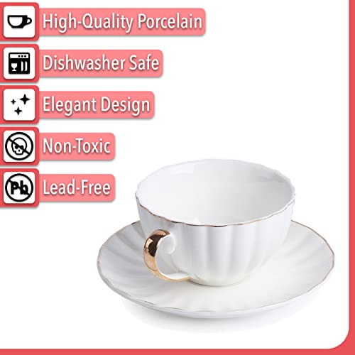 White Cappuccino Cups with Saucers Set of 6 - 7 oz Tea & Coffee Cups, Golden Trim - Brew To A Tea