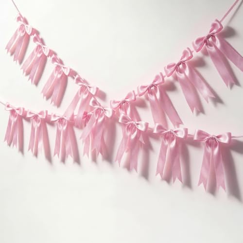 2-Pack Pink Bow Garland Banner - Pre-Strung Satin Ribbon Party Decor