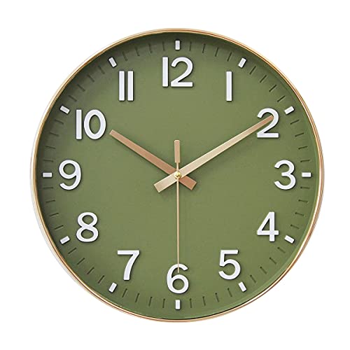 12-Inch Silent Non-Ticking Wall Clock, Olive Green and Gold Modern Decor