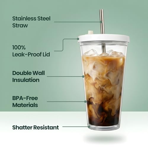 24 oz Reusable Insulated Iced Coffee Tumbler with Lid, Straws, and Brush