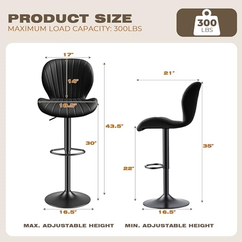 Adjustable Swivel Bar Stools, Faux Leather Counter Height Chairs, Set of 2