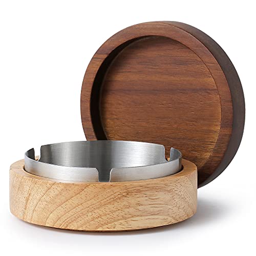 Wooden Ashtray with Lid and Stainless Steel Liner for Indoor and Outdoor Use