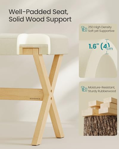 Padded Vanity Stool with X-Shaped Wood Legs, Linen-Look Fabric Makeup Chair