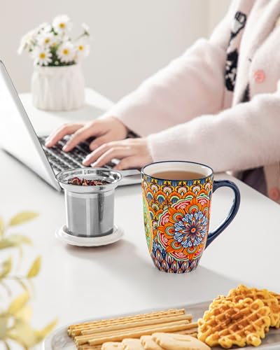 Vancasso Burnt-Cobalt Mandala Ceramic Tea Mug with Infuser & Lid, 18oz