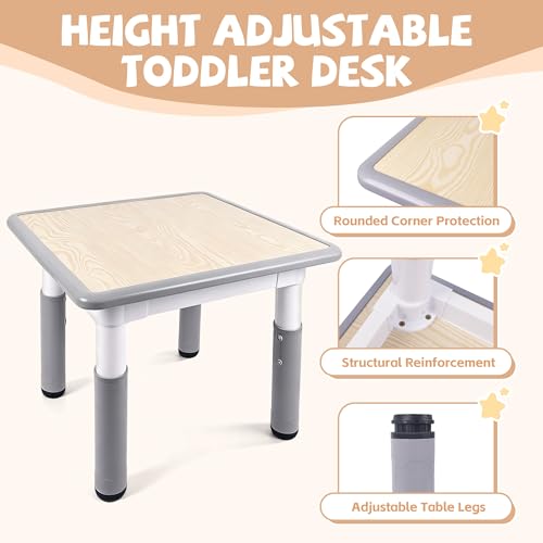 Adjustable Toddler Table and 2 Chairs Set - Wipeable Kids Activity Desk, Grey