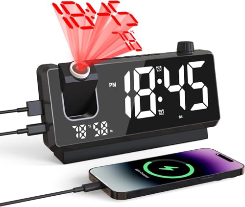 Projection Alarm Clock with Mirror Display, 180° Projector & Dual Alarms