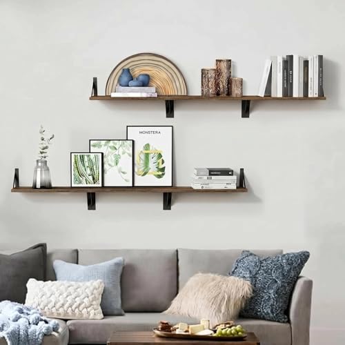 Rustic Floating Wall Shelves - 17 Inch Wood Bookshelf Set of 3