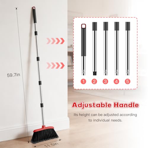 Broom and Step-On Dustpan Set with Adjustable Long Handle & Comb