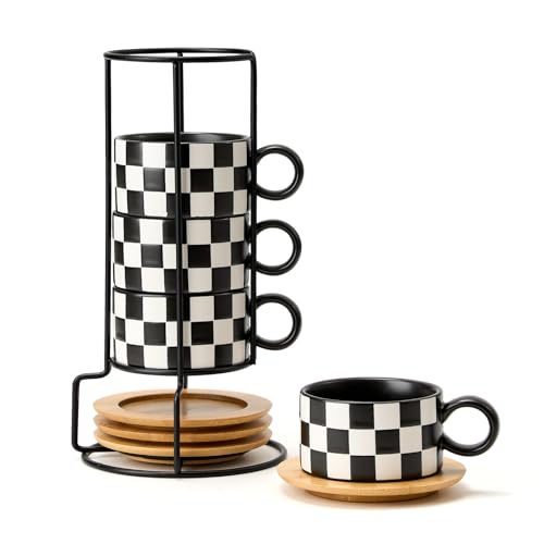 LUKA Black & White Checkered Ceramic Espresso Cup Set with Saucers & Stand - 4 Pcs