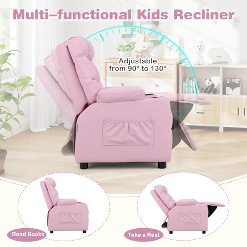 Costzon Kids Pink Recliner Chair 26”x28”x34” with Cup Holder & Footrest