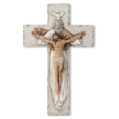 Holy Trinity Crucifix Wall Cross - 9.5-Inch Hand-Painted Stone Resin
