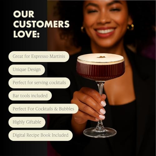 VEMACITY Set of 4 10oz Ribbed Espresso Martini Glasses with Gold Rims | Vintage Cocktail Coupe Glassware for Margaritas & More