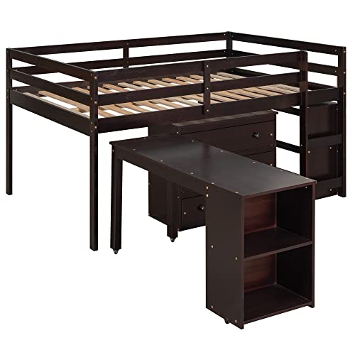 Full Size Wood Loft Bed with Rolling Desk, Bookshelf, and Storage Drawers