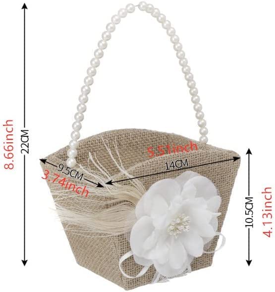 Rustic Burlap Flower Girl Basket with Pearl Bow for Wedding Ceremony
