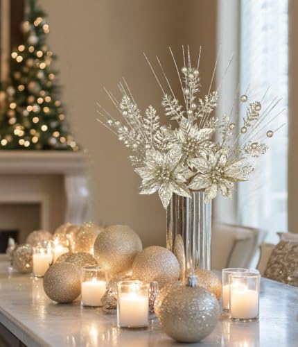 Oairse Champagne Artificial Poinsettia Flowers Picks 3 Pack Christmas Decor
