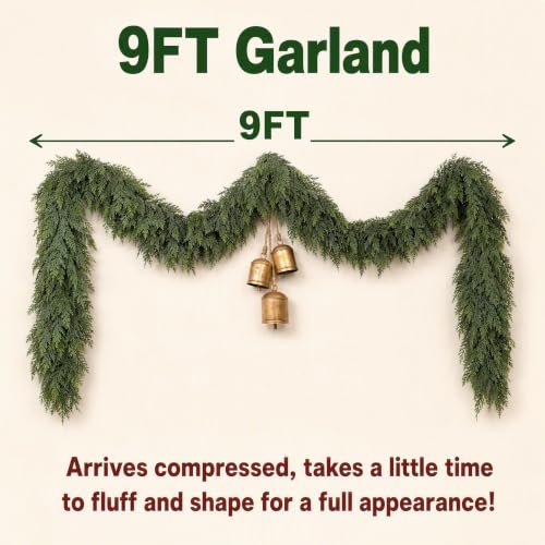 SaijinGlow 9ft Real Touch Cedar Christmas Garland – Green (Christmas Green) with Flexible Wire