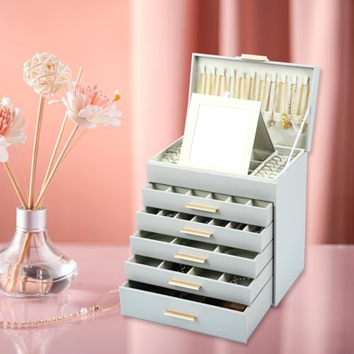 BOOVO 6-Layer Jewelry Box for Women - Grey & Gold, Large Organizer with 6 Layers for Necklaces, Bracelets, Earrings & Rings