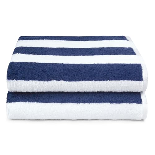 Cabana Stripe Beach Towel Set, 100% Cotton, 30 x 60 Inch, Navy Blue, 2-Pack