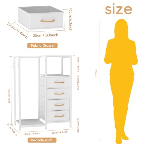 VERONLY White Reversible Bedroom Dresser with Clothes Hanging Rack & 4 Fabric Drawers