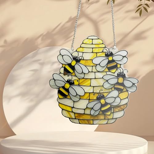 Bee Stained Glass Acrylic Panel - 20cm Window Hanging Decor