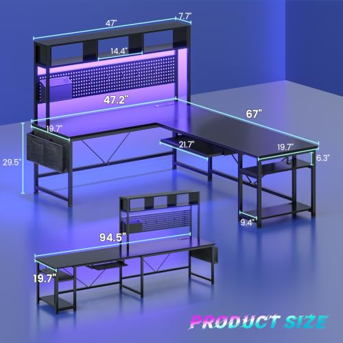 SEDETA 67-Inch L-Shaped Gaming Desk with Power Outlet, Pegboard & LED Lights - Black with Power Outlet and Pegboard