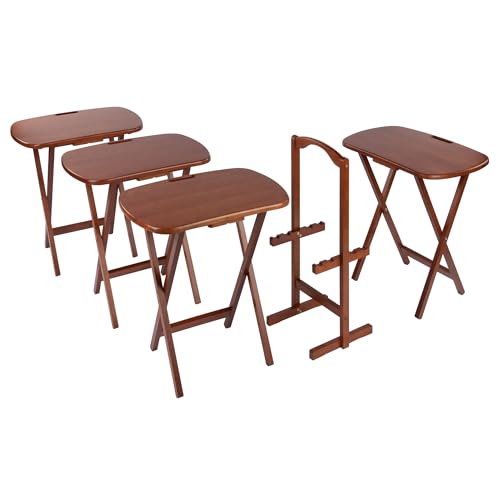 Winsome Lucca Set of 4 Foldable Teak Snack Tables with Storage Rack