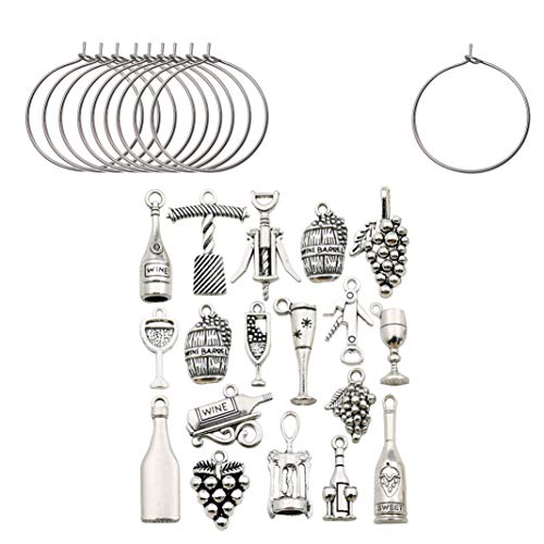 WOCRAFT Wine Charms Set for Wine Tasting Party - 25mm Stainless Steel Rings, 50 Sets, Antique Silver, Includes 17 Styles
