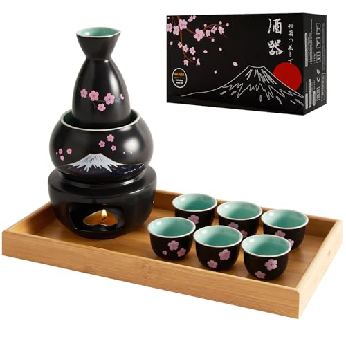 Black DUJUST Japanese Sake Set with Warmer, 6 Cups, Bottle, Candle Stove & Gift Box