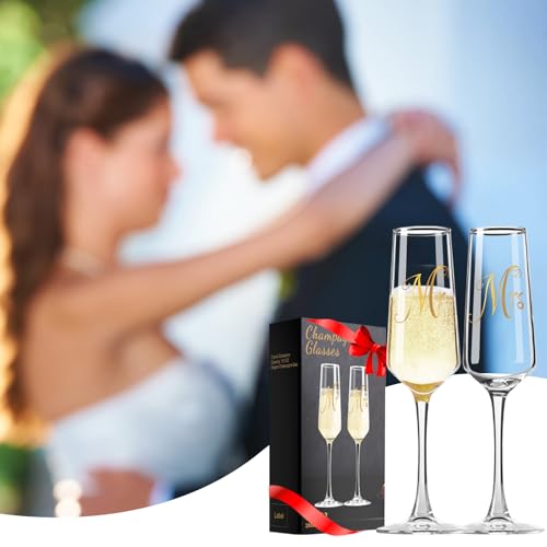 Mr and Mrs Champagne Flutes Set of 2 - Tall Hand-Blown Crystal Glassware