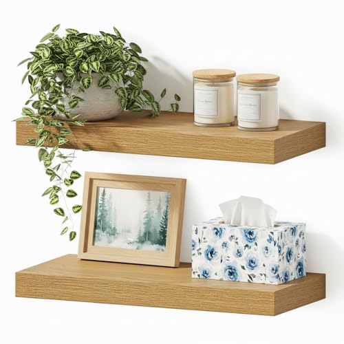 16-Inch Floating Wall Shelves, Set of 2 Rustic Oak Wood Storage Ledges