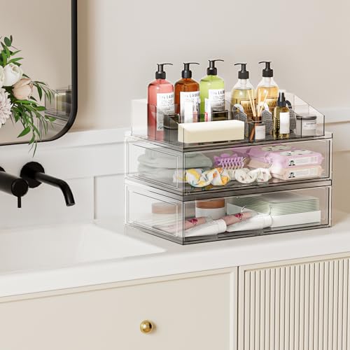Aurblozen 3 Pack Clear Stackable Makeup Organizer with Drawers, 12"W Acrylic Storage