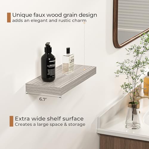 Set of 2 Rustic Grey Floating Shelves - 16-Inch Wall Mounted Wood Shelves